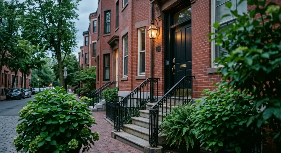 Matte-black smart lock keypad on a brick Boston rowhouse front door, representing full-service airbnb management in Boston