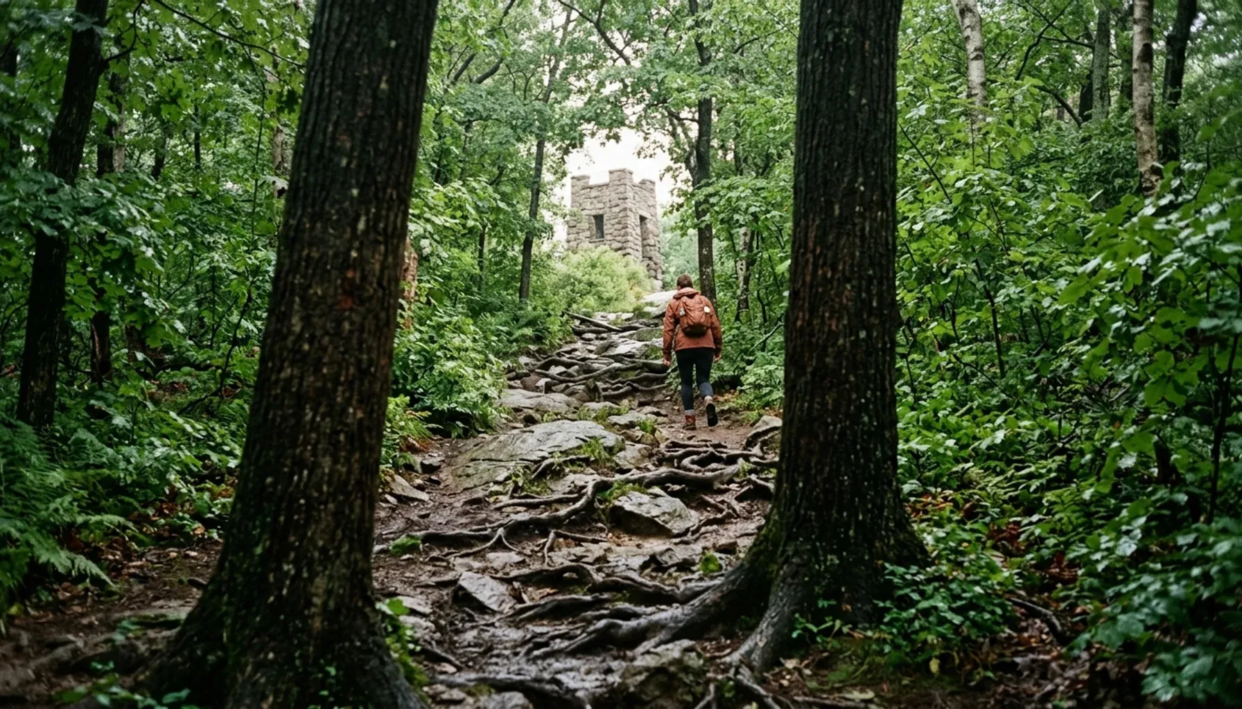 Rocky forest trail toward a stone tower in the Blue Hills, one of the best hikes near Boston