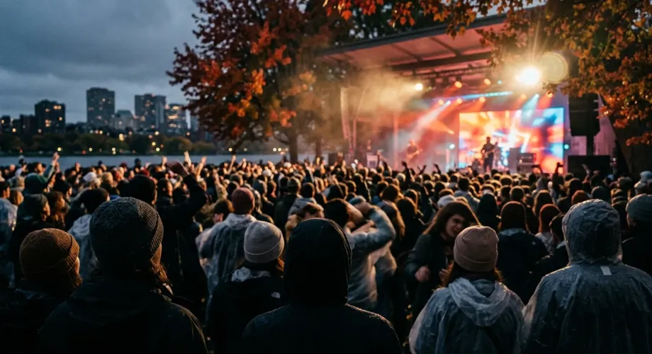 Silhouetted crowd at an outdoor fall concert beside red maples, capturing the mood of Boston in fall