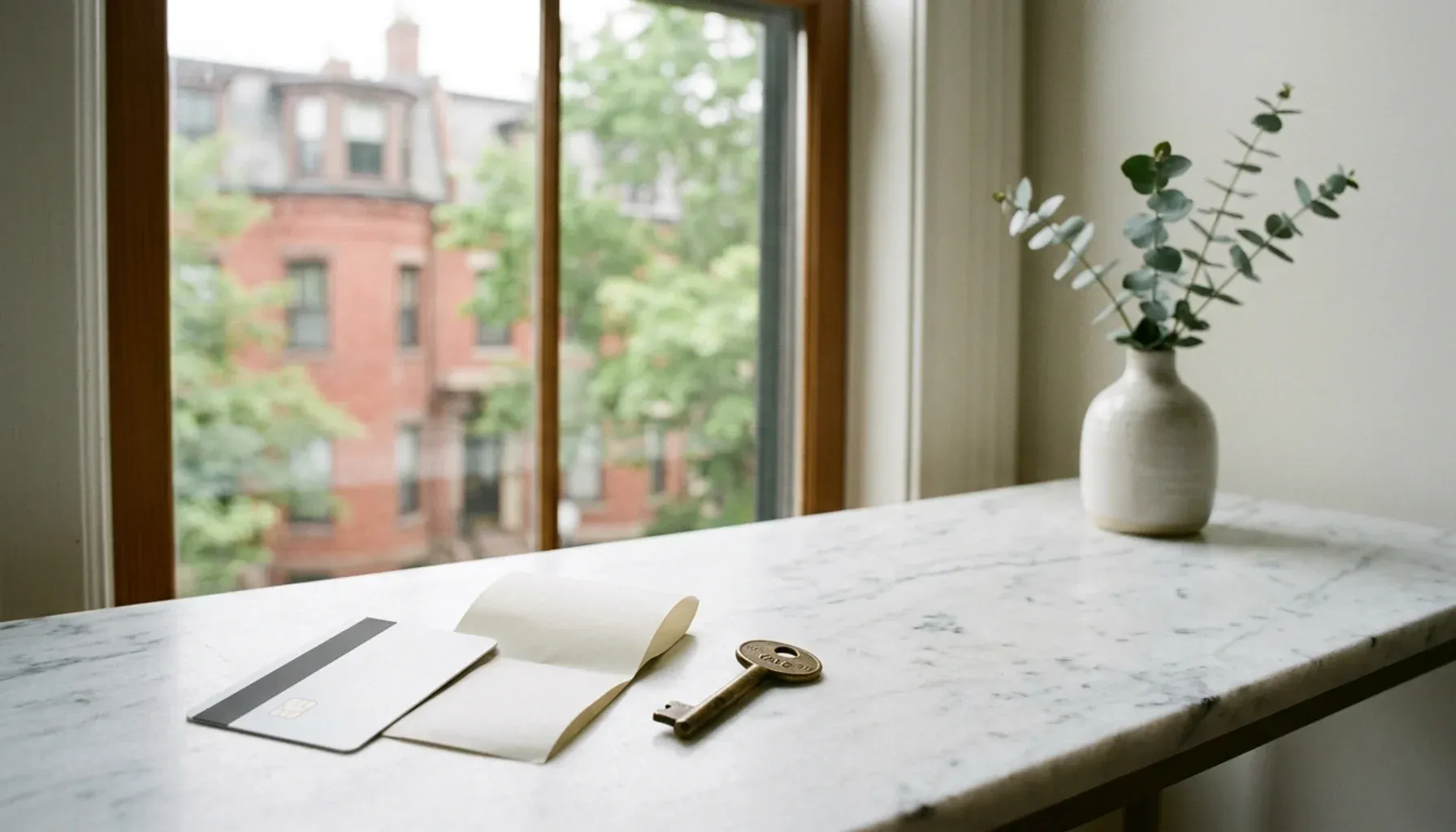 Credit card and folded receipt slip on marble beside a window facing Cambridge brick homes, occupancy tax vacation rental cambridge