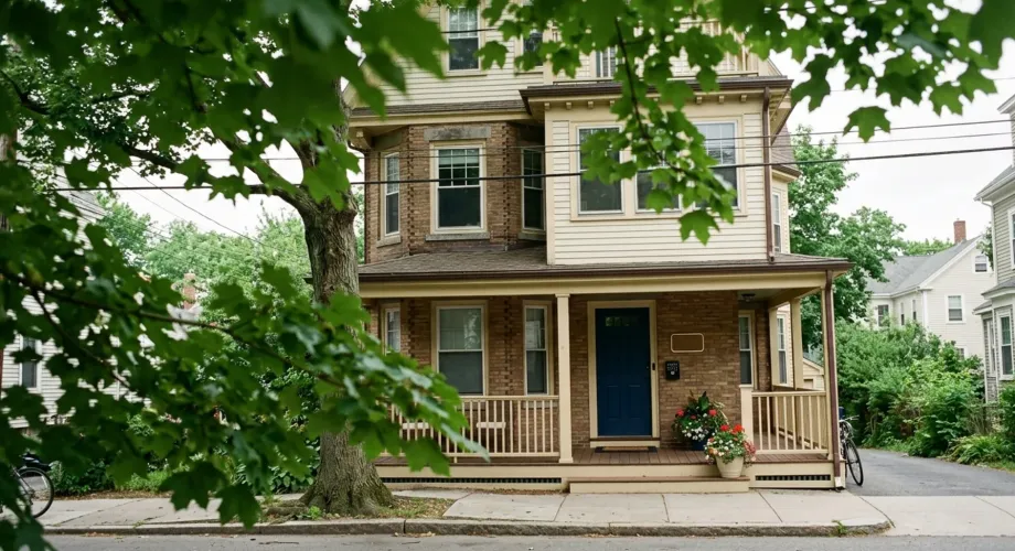 Brick Cambridge, MA home with a smart lock on the front door, representing airbnb management cambridge services