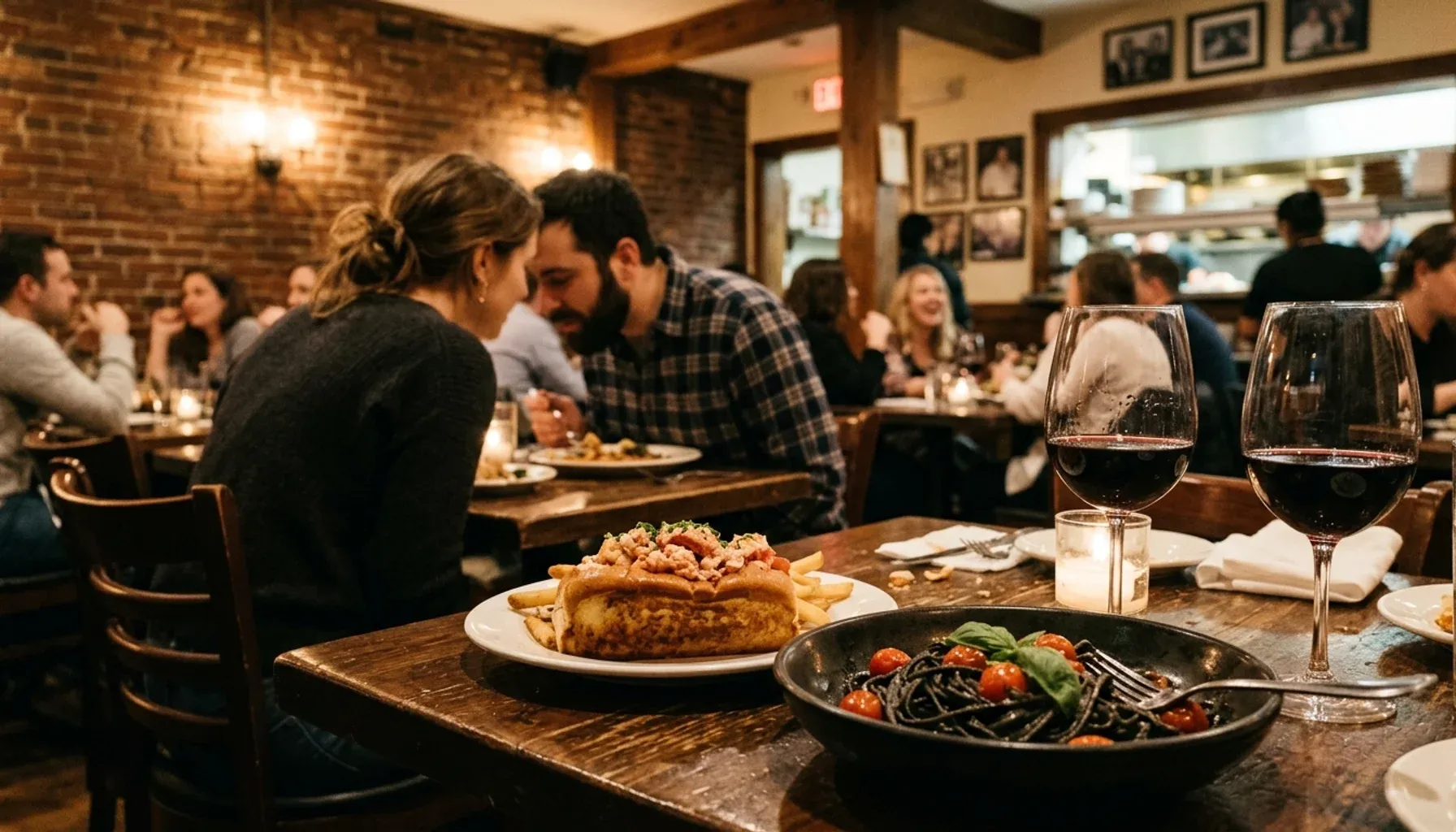 Lobster roll and squid-ink pasta on a table in a cozy restaurant, a taste of the best seafood in Boston