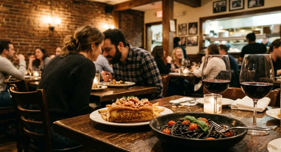 Lobster roll and squid-ink pasta on a table in a cozy restaurant, a taste of the best seafood in Boston