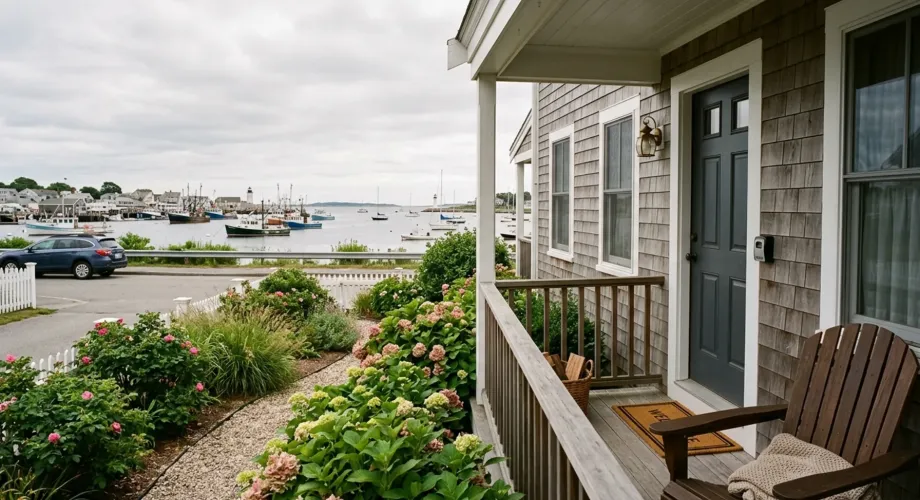 Shingled coastal rental home with hydrangeas and harbor view, representing airbnb management in Gloucester, MA
