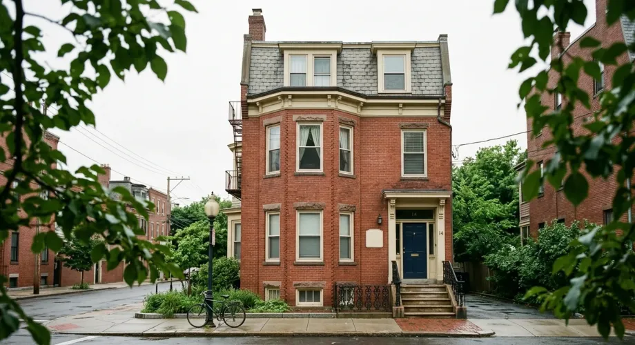 Red-brick Boston triple-decker with a blank permit placard by the front door, illustrating str regulations for hosts