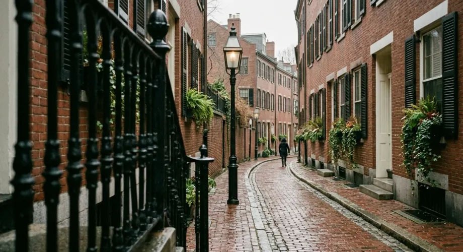 Brick rowhouses and a streetlamp along a narrow Boston street