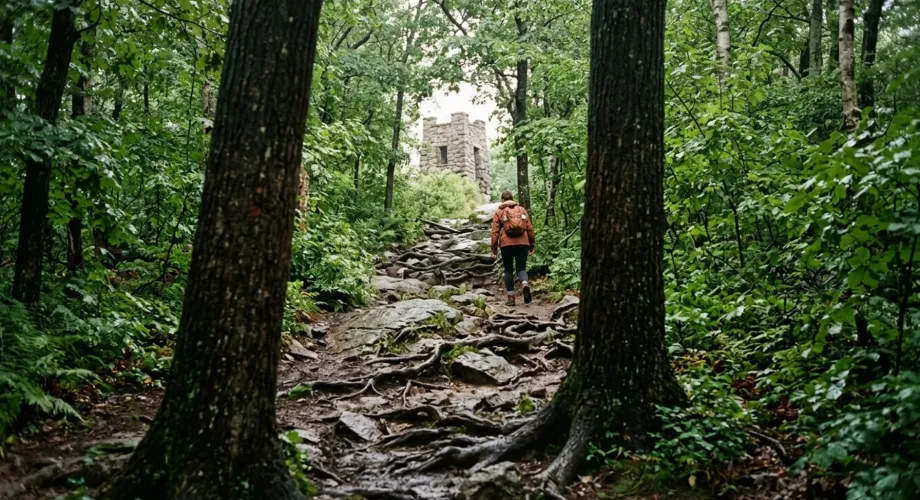 Rocky forest trail toward a stone tower in the Blue Hills, one of the best hikes near Boston