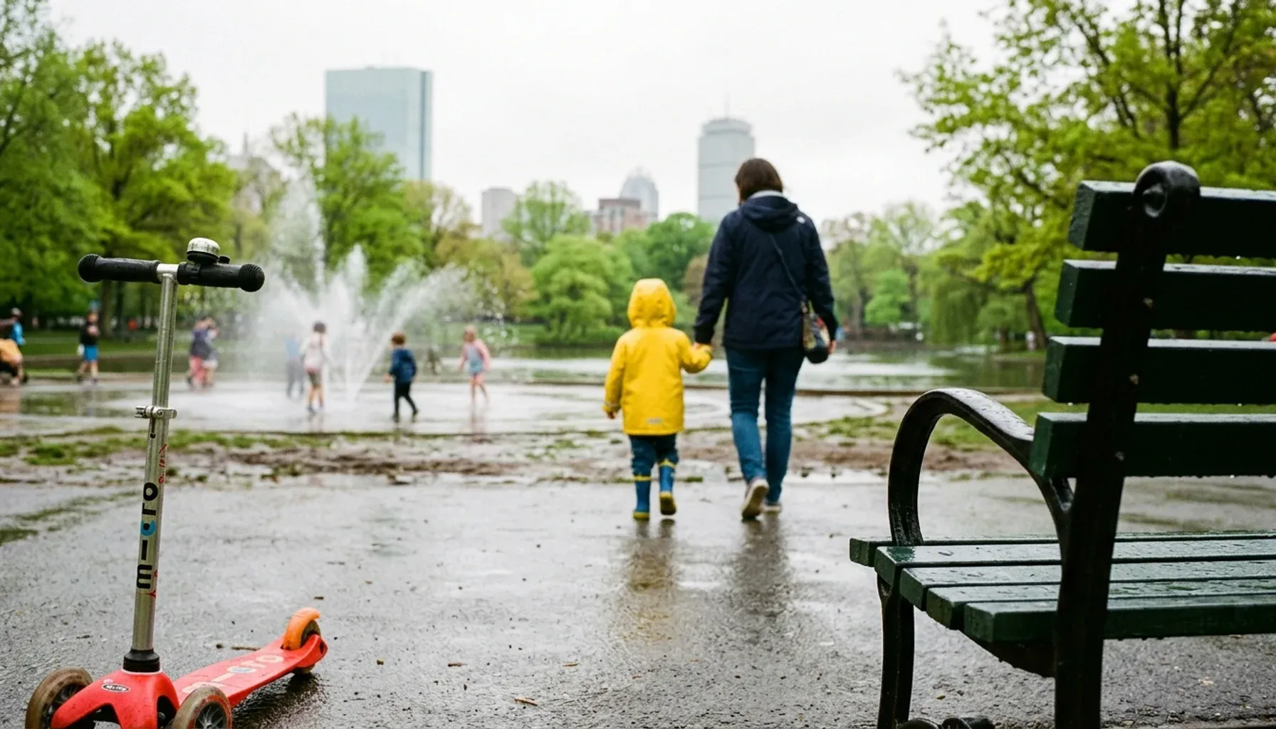 Toddler and parent walking toward Frog Pond on Boston Common, a classic stop for boston with kids