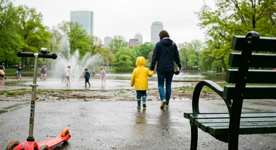 Toddler and parent walking toward Frog Pond on Boston Common, a classic stop for boston with kids