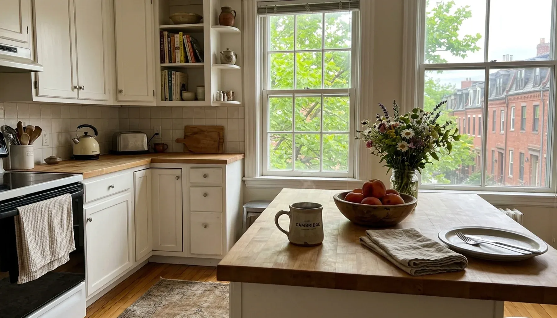 Sunny Cambridge rental kitchen with coffee and fresh flowers, a cozy base for trying the best brunch Cambridge offers