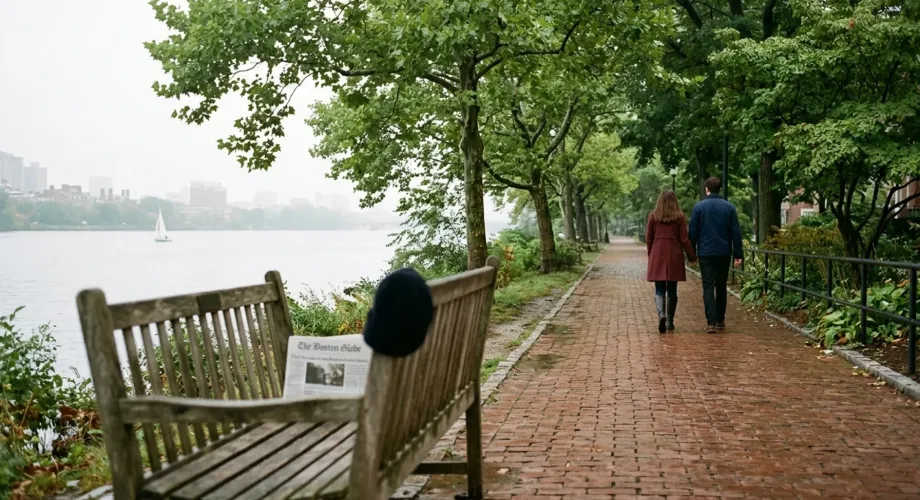 Couple seen from behind walking a tree-lined Charles River path in Cambridge, MA, for a romantic getaway in Cambridge