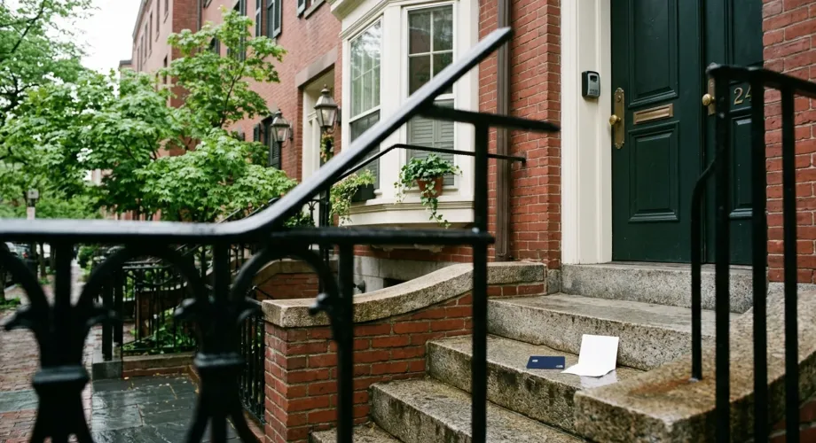 Debit card and folded receipt on a granite stoop of a Boston brick rowhouse, illustrating the cost of self managing an Airbnb in Boston