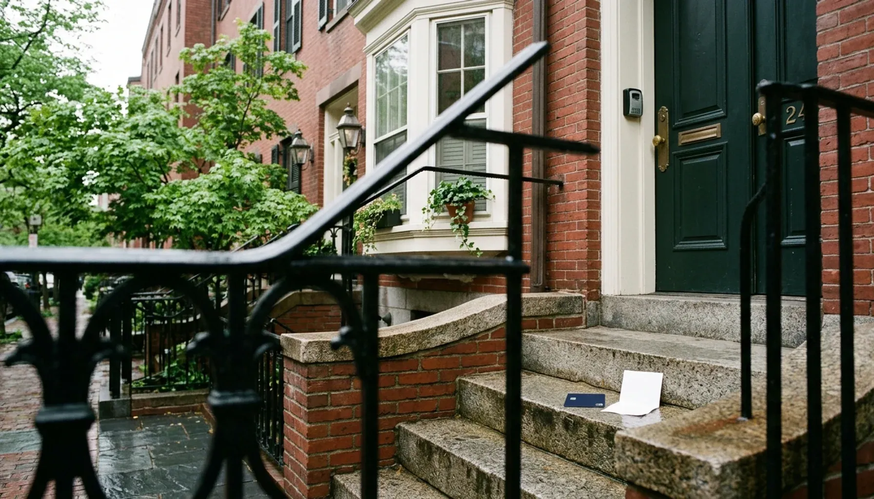 Debit card and folded receipt on a granite stoop of a Boston brick rowhouse, illustrating the cost of self managing an Airbnb in Boston