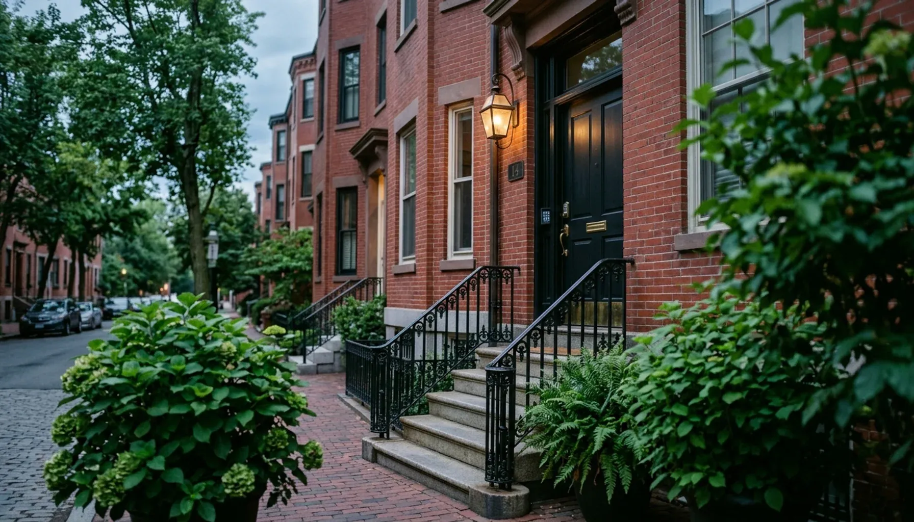 Matte-black smart lock keypad on a brick Boston rowhouse front door, representing full-service airbnb management in Boston