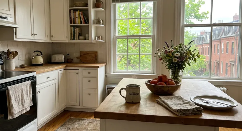 Sunny Cambridge rental kitchen with coffee and fresh flowers, a cozy base for trying the best brunch Cambridge offers