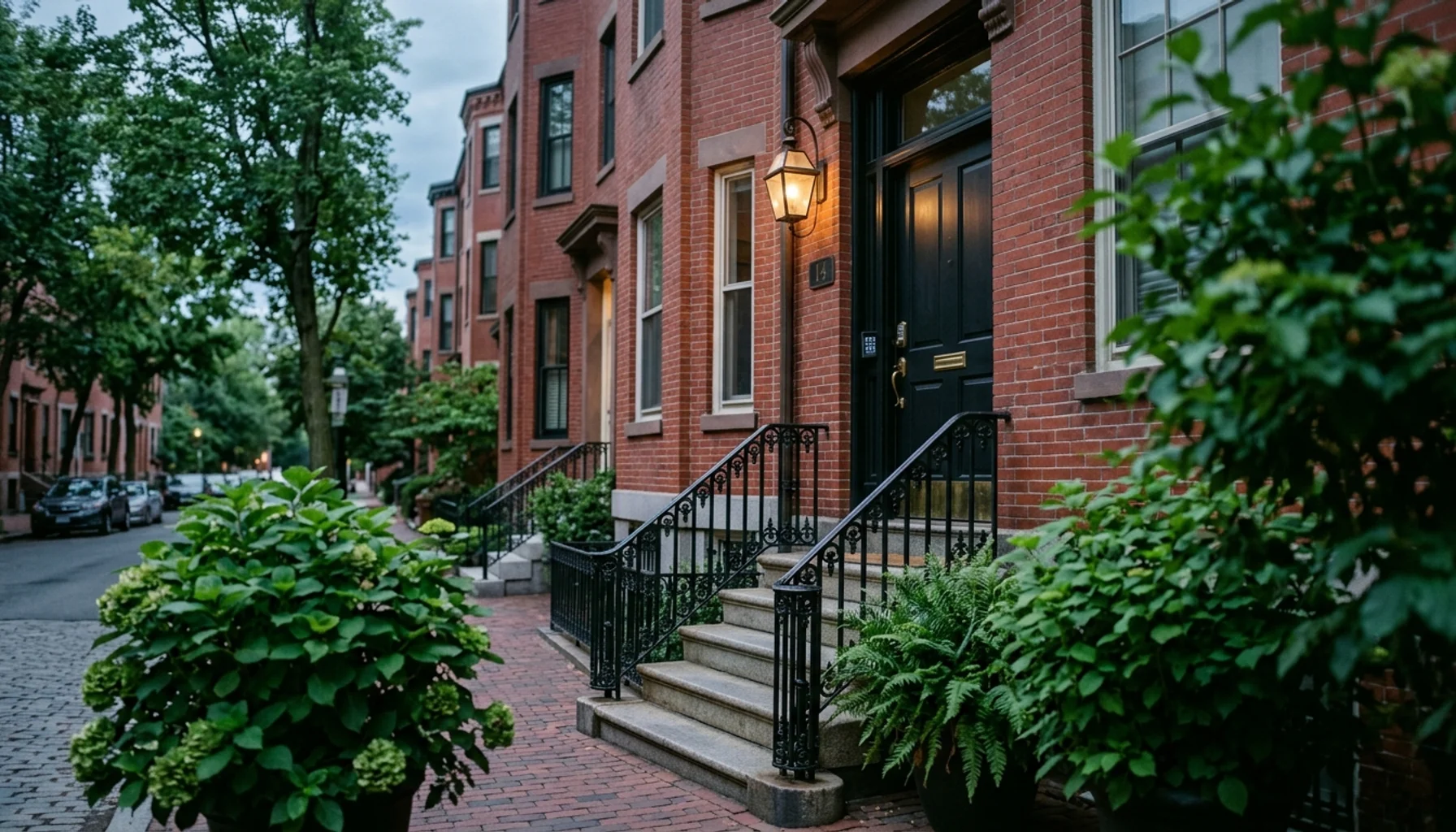 Smart lock keypad on a brick Boston rowhouse door, self check-in for STR regulations compliant stays