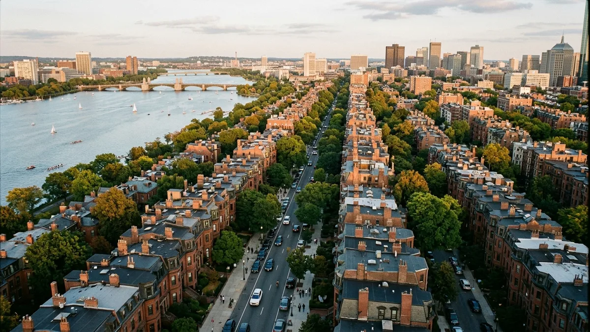 Aerial view of Back Bay, one of the most popular Boston neighborhoods, with brownstone rowhouses