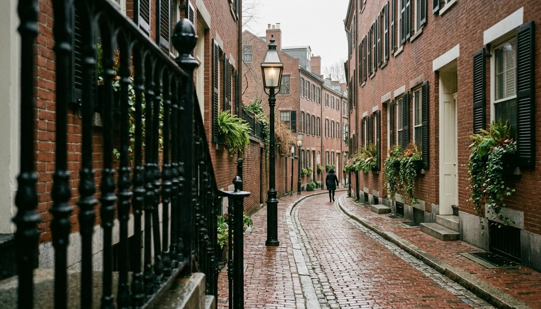 Beacon Hill brick rowhouses and a gas lamp, one of the most photographed Boston neighborhoods